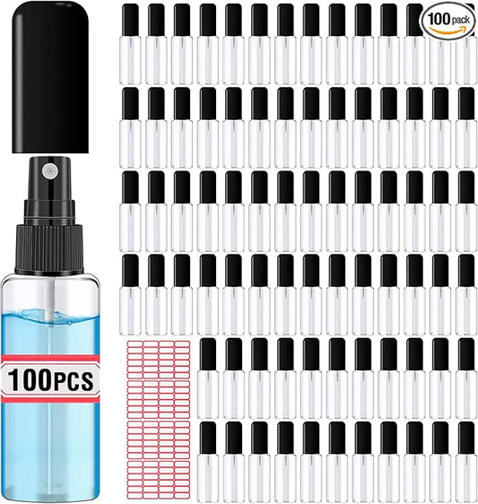 100 Pack 2oz/55ml Plastic Spray Bottles Mini Travel Spray Bottle with Black Cap Empty Fine Mist Spray Bottles Refillable Liquid Container for Perfumes Travel Makeup