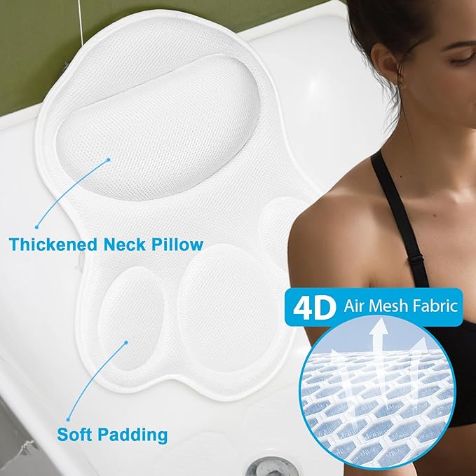 Luxury Bath Pillows for Tub – Extra Thick Non-Slip Bathtub Pillow with Rubber Back, Head & Neck Support for Soaking, Spa Bath Accessories, for Women, Fits All Bathtubs (White)