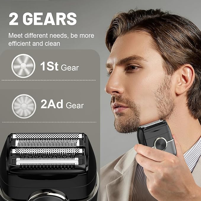 Men's Electric Foil Shaver - Upgraded Mini Electric Razor with 4 Floating Blades, Big LED Display, 2 Gears Adjustable, Face Shaver for Men with IPX7 Waterproof (Wet/Dry) & USB Type-C Rechargeable