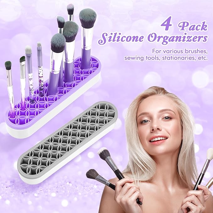 MAQUITA 4 Pcs Silicone Makeup Brush Holder Stand Multipurpose Cosmetic Travel Storage Box Painting Pen Brush Organizer for Brush, Eyeliner Pencil Art (Multicolored)