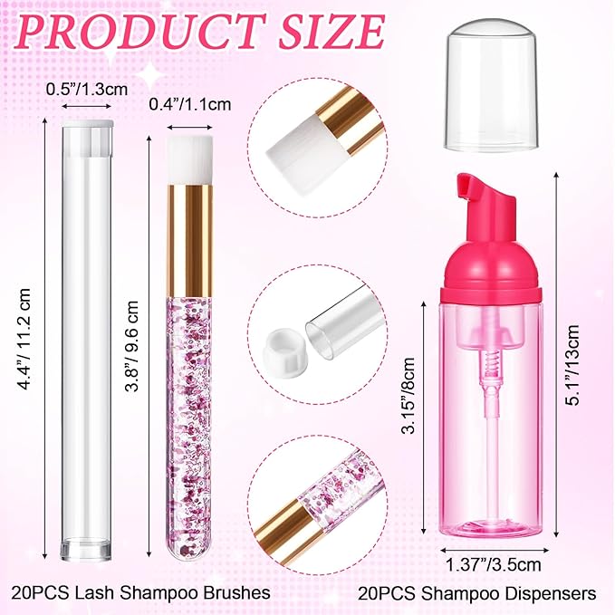 Zhehao 80 Pcs Lash Shampoo Bottle Brushes Kit 20 Foam Pump Dispensers 20 Lash Shampoo Brushes 20 Eyelash Aftercare Bag 20 Cleaning Pipes, Eyelash Extension Supplies(Rose Red)