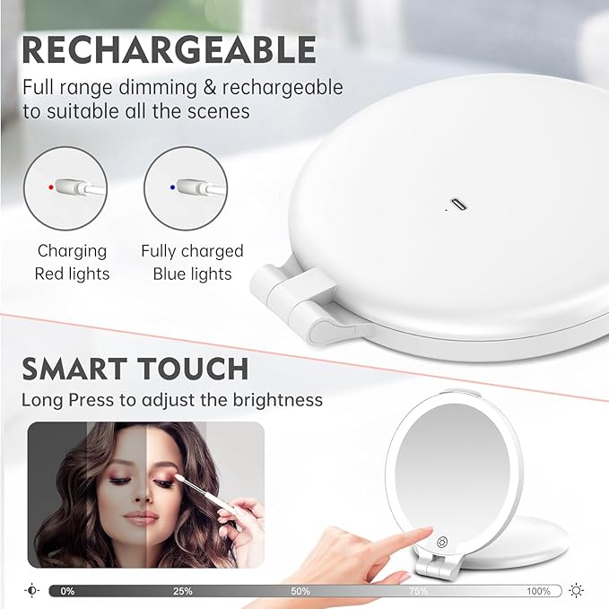 FUNTOUCH 7'' Travel Makeup Mirror with Lights 10X Magnifying, 3 Color Portable Double Side Vanity Mirror with Rechargeable for Travel Essential, Gifts for Women