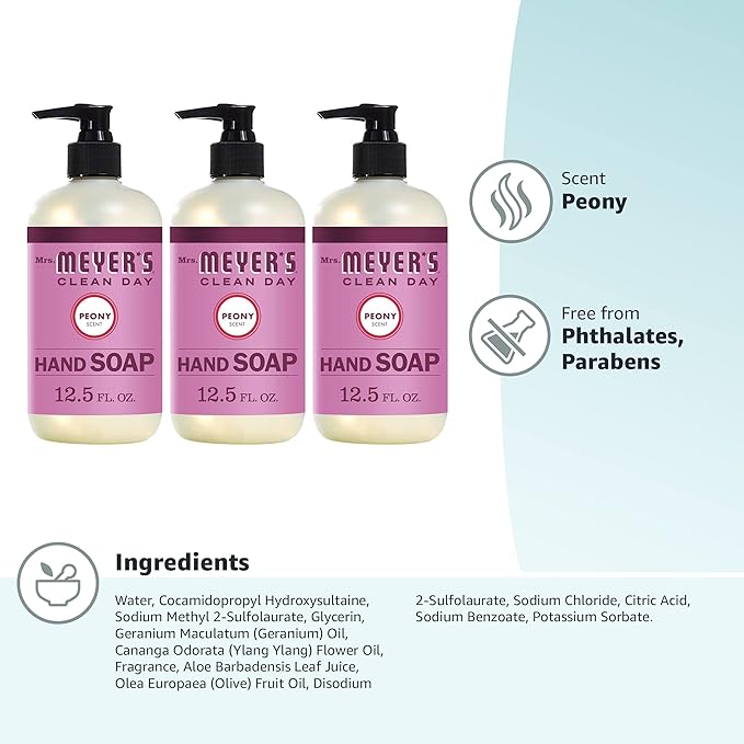 MRS. MEYER'S CLEAN DAY Hand Soap, Made with Essential Oils, Biodegradable Formula, Peony, 12.5 fl. oz - Pack of 3