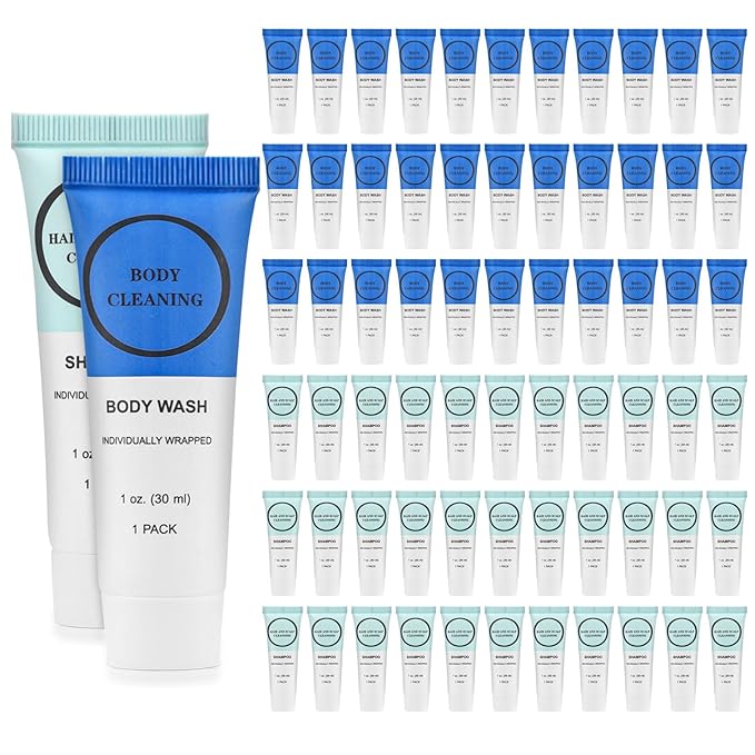 Travel Size Shampoo and Body Wash Bulk, Individually Wrapped Hotel Mini Shower Gel and Small Men Women Cleansing Toiletries Amenities for Hotel/Vacation/Homeless 1 oz (3.7inch, Count, 60)