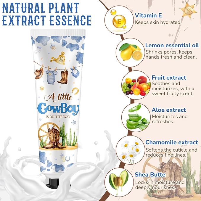 48 Sets Baby Shower Hand Cream Bulk Cowboy Baby Shower Favors Bridal Thank You Hand Cream for Guests Travel Size Lotion with Organza Bags