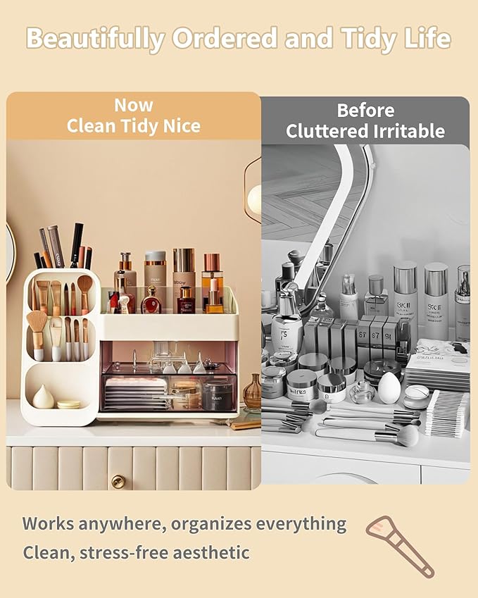 Makeup Organizer with Drawers, Skincare Organizer (Large Size Thick), Storage Box Cosmetic Display Cases, Make up Organizers for Vanity, Dresser, Desk, Kitchen, Countertop (cream)