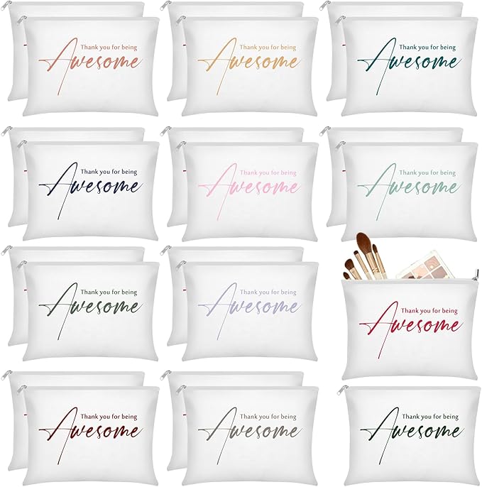 Buryeah 24 Pcs Thank You Cosmetic Bags for Women Thank You for Being Awesome Makeup Bags Bulk Employee Appreciation Pouches for Student Teacher Team Coworker Assistant Gift(White)