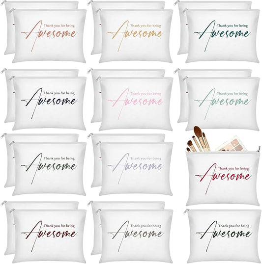 Buryeah 24 Pcs Thank You Cosmetic Bags for Women Thank You for Being Awesome Makeup Bags Bulk Employee Appreciation Pouches for Student Teacher Team Coworker Assistant Gift(White)