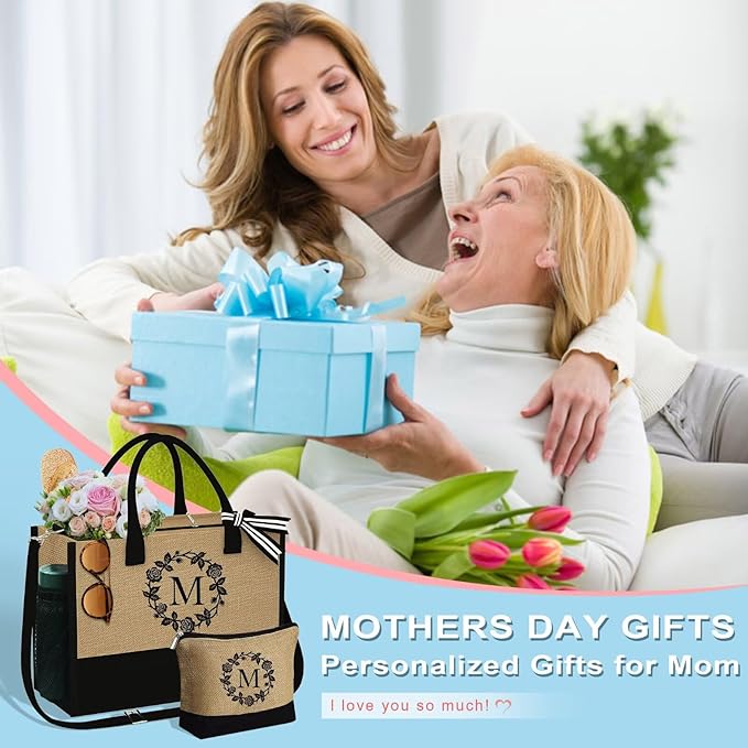 YOOLIFE Mothers Day Gifts - Initial Jute Tote Bag & Makeup Bag, Personalized Gifts for Women Mom Wife Teacher Friend Birthday