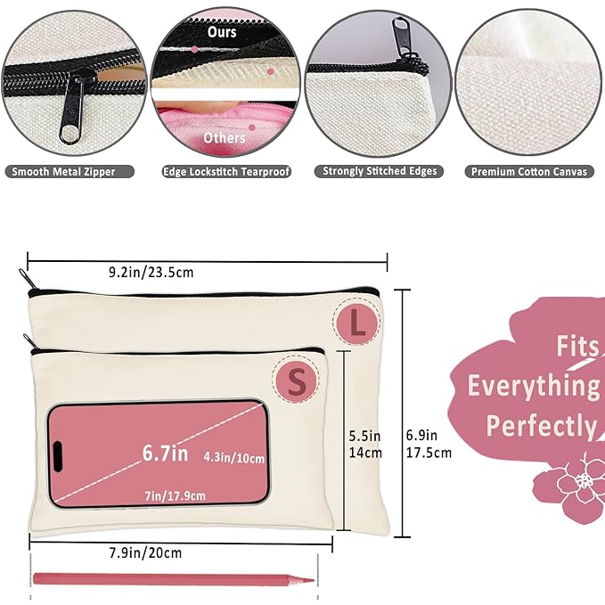 Koolmox 30 Pencil Pouch with Zipper 8x5'', Cotton Canvas Toiletry Pouch, Bulk Plain Cosmetic Bags for Women Pencil Case Vinyl Projects Crafts, Beige Make Up Pouches with Black Zippers