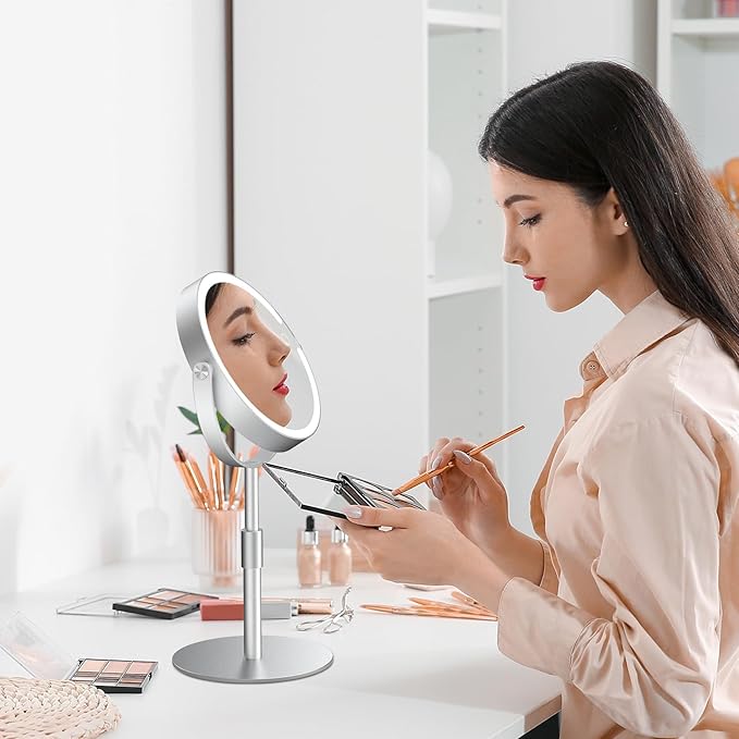 Lighted Magnifying Mirror 10X 1X Magnification, Double Sided Makeup Mirror, Rechargeable LED Beauty Mirror with 3 Color Setting, Adjustable Height Vanity Desk Mirror (Silver)