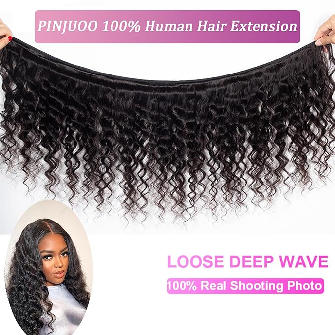 Brazilian Loose Deep Wave Bundles With Closure Human Hair 24 26 28+20 Inch 100% Unprocessed Virgin Hair 3 Bundles and 4X4 Closure Free Part Natural Color for Women