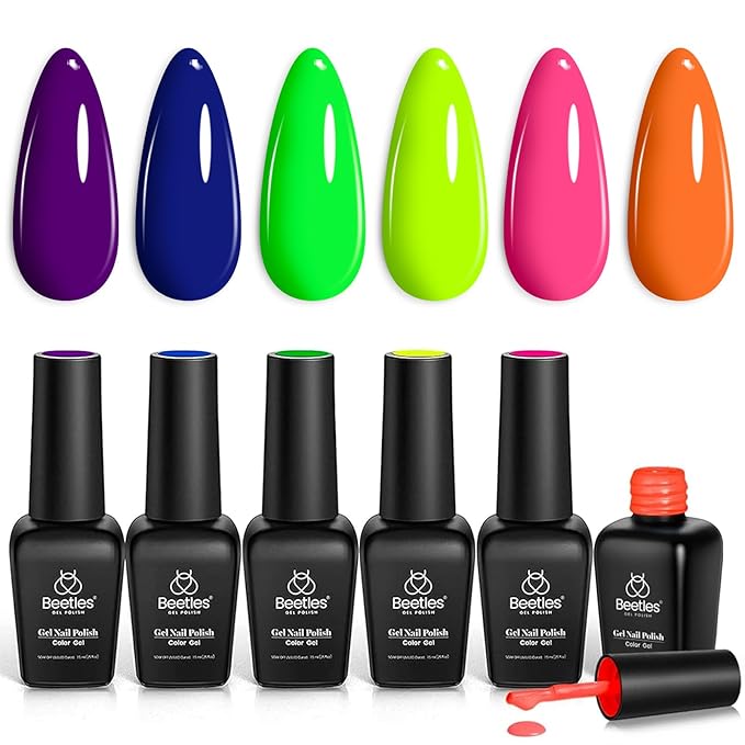 Beetles Summer Gel Nail Polish Set, Neon Orange Hot Pink Blue Yellow Green Purple Halloween Gel Polish 6 Colors Soak Off Uv Led Nail Art Manicure