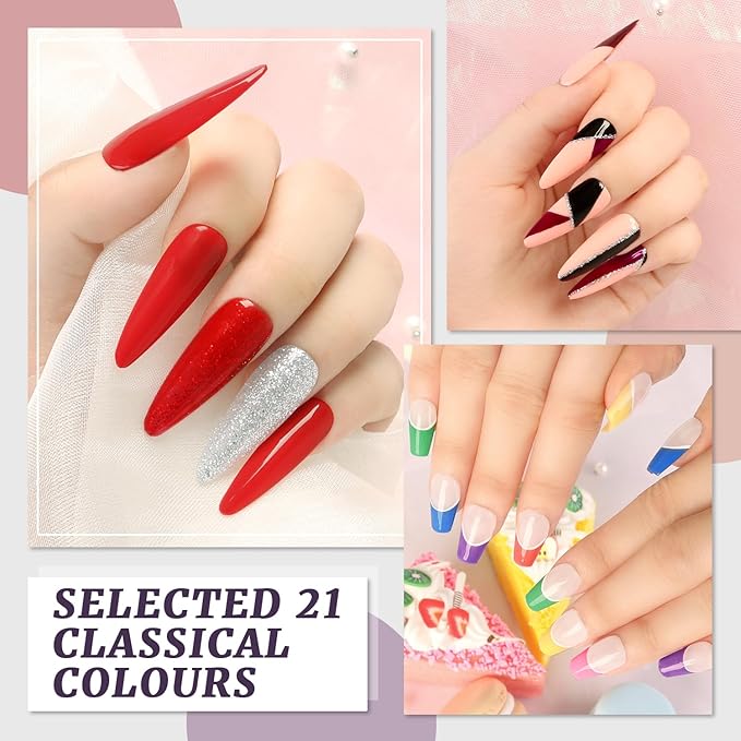 Lavender Violets 26-Piece Gel Nail Polish Set: Pink, Red, Grey Blue and Glitter Green Colors with 4 Bottles of Glossy & Matte Top Coat, Blooming Gel, and Base Coat - Nail Art Gifts