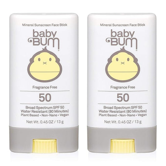 Baby Bum Mineral Sunscreen Face Stick - SPF 50 - UVA,UVB Face and Body Protection - Fragrance Free Safe for Sensitive Skin- Travel Size 0.45 Ounce (Pack of 2)