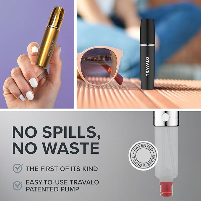 Travalo LUX Perfume Atomizer Bundle - Leak-Proof and TSA Approved for Air Travel - Reusable, Easy Fill Mini Pump Sprayer - Lightweight, Brushed Polished Metal - Gold, Black, Silver - 3 Pack