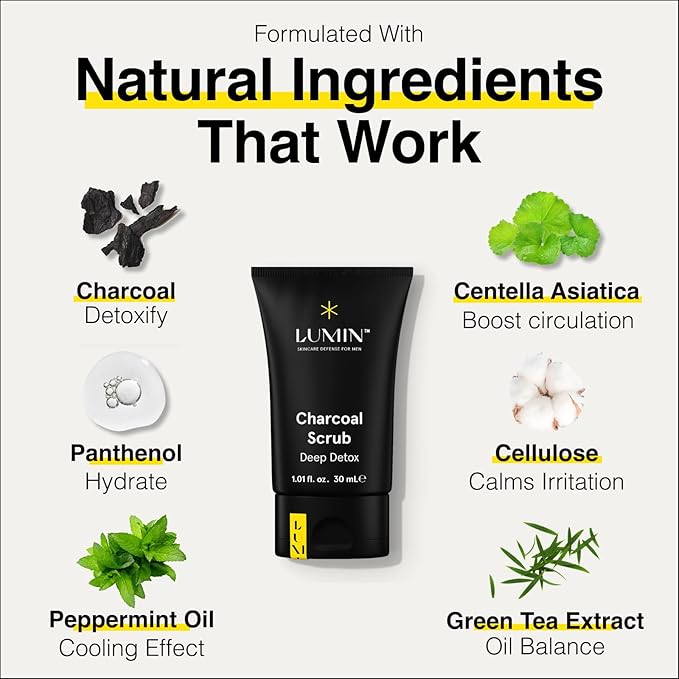 Lumin - Charcoal Scrub Deep Detox for Men - Face Cleanser for Men, Pre Shave Scrub, A Charcoal Face Exfoliator That Refreshes & Rejuvenates The Skin, Suitable for all skin types, 30ml, 2-Pack