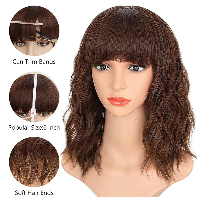 AISI HAIR Synthetic Wavy Curly Bob Wig with Bangs Ash Auburn Short Wavy Hair for Women Synthetic Heat Resistant Bob Wigs