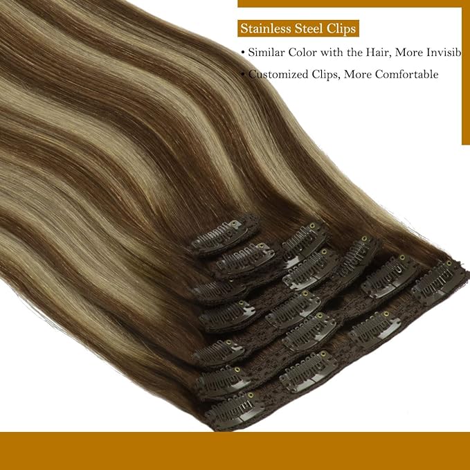 20inch Hair Extensions Clip ins Human Hair for Black Women Balayage Chocolate Brown to Honey Blonde With Brown Roots Lace Remy Clip in Human Hair Extensions 140g R4A-4A/26