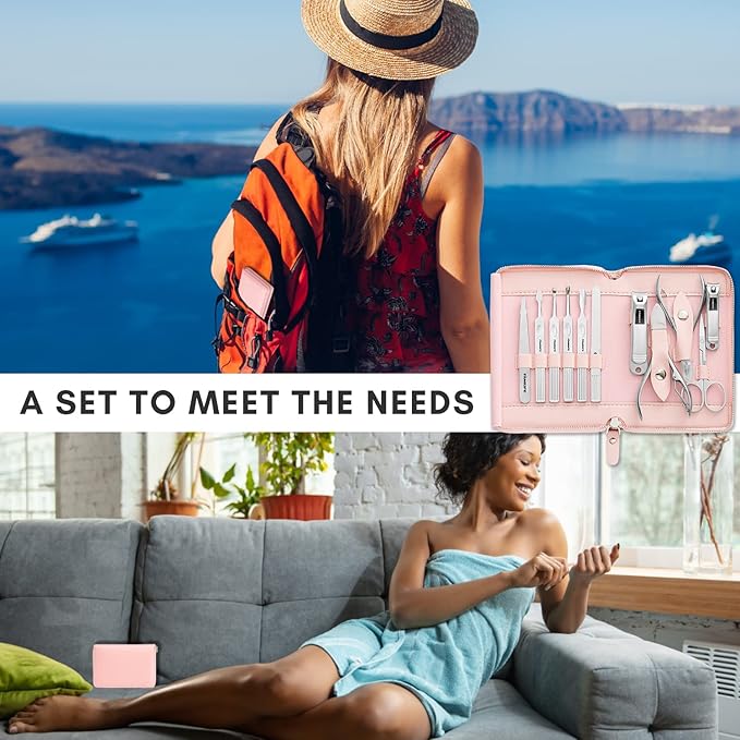 FAMILIFE Manicure Set Professional Manicure Kit Nail Kit - 11PCS Gifts For Her Nail Clippers for Women Stainless Steel Pedicure Sets Pink Leather Case