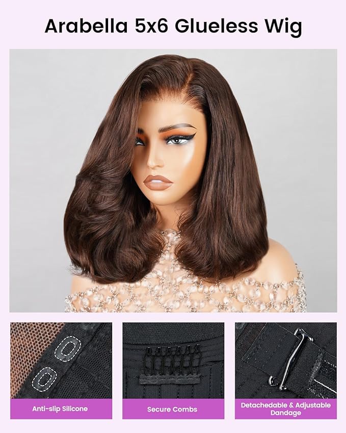 Arabella 5x6 Chocolate Brown Bob Wig Human Hair Ready to Go Glueless Wigs Human Hair 210% Density Pre-Cut Lace Wigs Pre Bleached Tiny Knots Body Wave Lace Front Wig (14inch, 5x6 4# Glueless Bob)