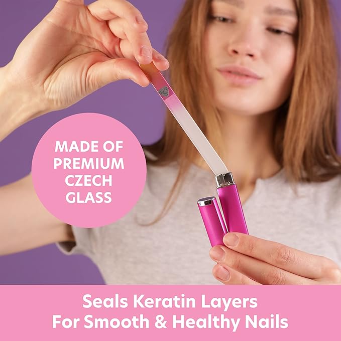 Bona Fide Beauty Czech Glass 4PC Value Bundle - 2 Clear Cuticle Pushers and 2 Glass Nail Files (Blue and Magenta)