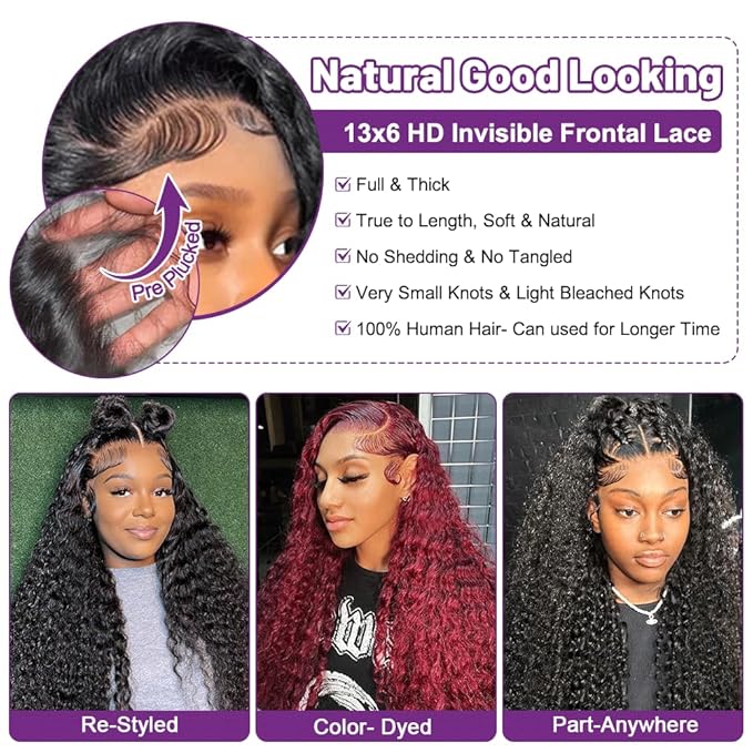 13x6 Deep Wave Lace Front Wigs Human Hair Pre Plucked Curly HD Transparent Lace Front Wig Human Hair for Black Women 180% Density Wet and Wavy Glueless Frontal Wigs with Natural Baby Hair 28 Inch