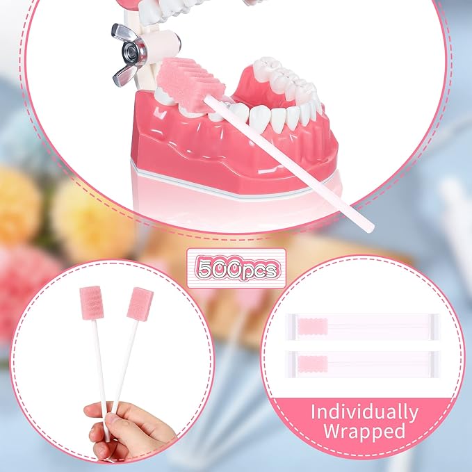 500 Pcs Disposable Oral Swabs for ElderlyToothbrush OralToothettes Oral Swabs Bulk Dental Swab Sticks 4.92" Sponge Individually Wrapped Care for Mouth(Pink)