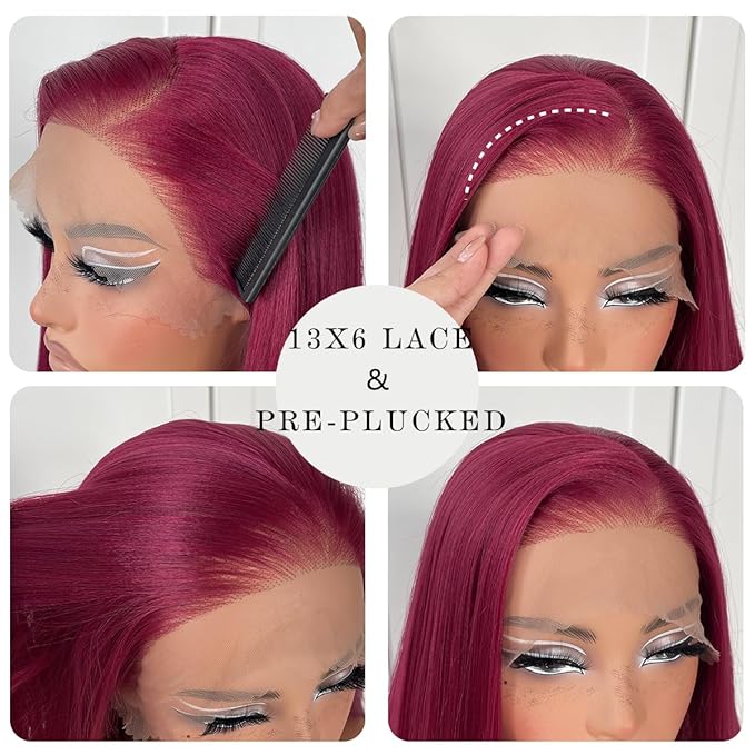 13x6 Red Straight HD Lace Front Wig Pre-Plucked Glueless Long Straight 99j Burgundy Lace Front Wigs Synthetic Red Wear And Go Lace Front Wigs