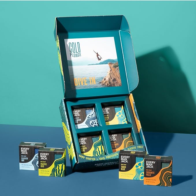 Every Man Jack Cold Plunge Mens Bar Soap Set - Deeply Cleans, Hydrates with Naturally Derived Ingredients - Iconic Cold Water Scents - Pacific Dive, Glacier Bay, Tahoe Blue, Yosemite Falls, 8 Bar Set