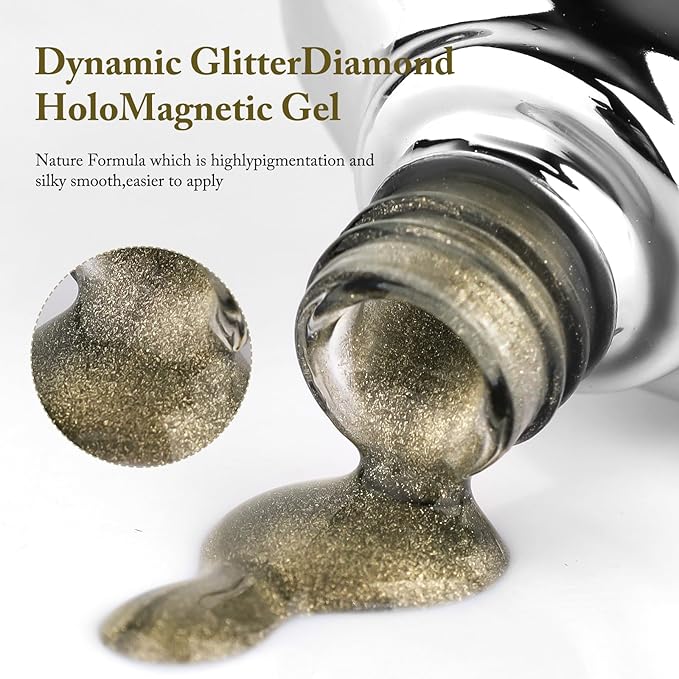 Cat Eye Gel Nail Polish with Magnet Stick, 15ml Glitter Holographic Nail Polish, Magnetic Effect Gel for Home DIY Manicure Gift, Brown Gold