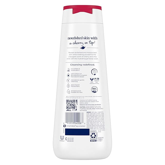 Dove Body Wash Revitalize Cherry and Chia Milk For 24hr Lotion-Soft Skin Moisturizing Skin Cleanser with No Sulfates No Parabens 20 oz