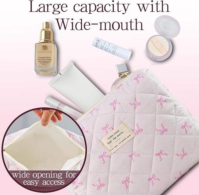 3Pcs Quilted Makeup Bag, Cute Floral Cotton Cosmetic Bag set, Coquette Bow Makeup Pouch Large Travel Toiletry Bag