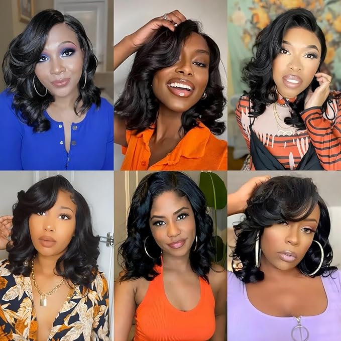ISEE Wear and Go Glueless Wigs Human Hair Pre Plucked Pre Cut Short Bob Body Wave Lace Front Wigs Human Hair for Women Upgraded Glueless Bob Wig No Glue 6x4 HD Lace Closure Wigs (12 Inch)