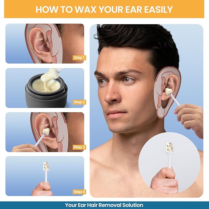 Ear Nose Wax Kit Men, Nose Hair Waxing Kit for Men, Ear Hair Removal Wax 100g, 20 Pcs Nose Applicator, 15-20 Times, Usb Rapid Heating, Constant Temperature, Painless, Black