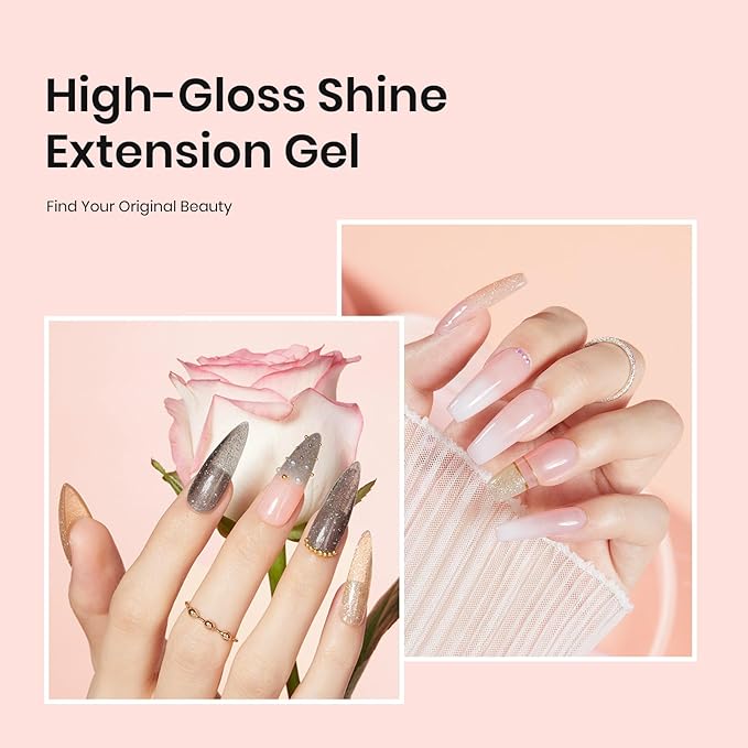 Beetles Poly Nail Gel Kit White Gold Glitter Nude Pink Poly Nail Extension Gel with Poly Brush Nail File Dual Forms Tyro Nail Salon All-in-One Easy DIY at Home Decoration Nail Art Kit