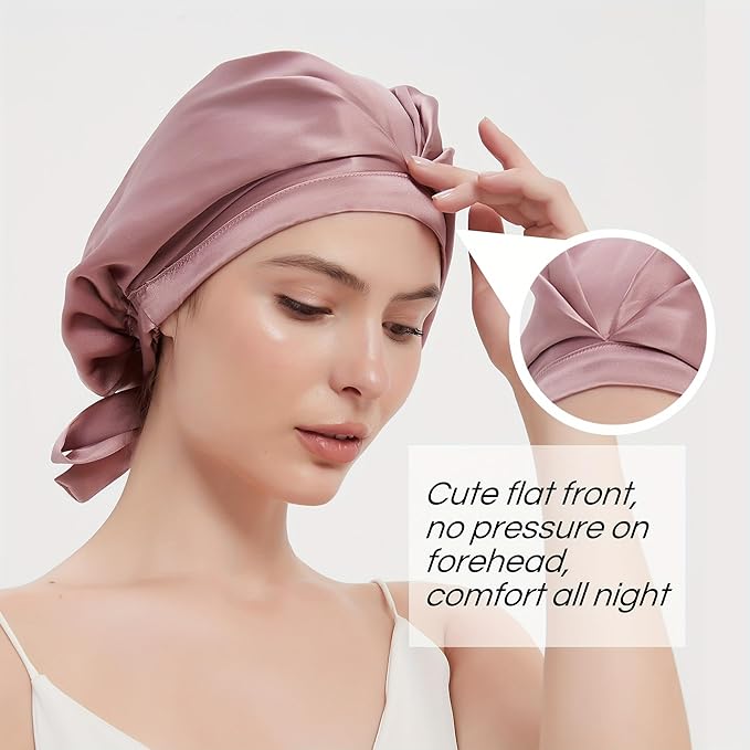 RachelSilk 100% Mulberry Silk Sleep Cap, Grade 6A 19 Momme Silk for Women Hair Care, Silk Night Bonnet with Elastic Stay On Head, Silk Cap after Shower, for Small -Medium Head Size (Rose)