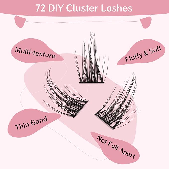 Lash Clusters, 72 Pcs Individual Cluster Lashes DIY Lash Extension 8-16mm Eyelash Clusters Volume Wispy Lashes Super Thin Band Reusable Soft & Comfortable（Pleasure,D-10）