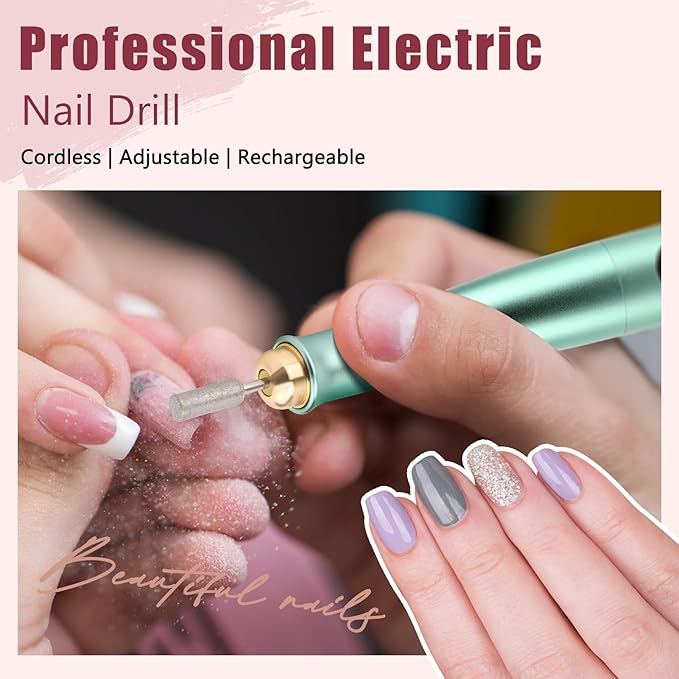 VINGVO Cordless Electric Nails Drill Filer Set, Professional Manicure Pedicure Kit with Bits for Acrylic, Portable Electric Files & Buffers for Toenail Cuticle Hand Foot Care Polish Tool (Green)