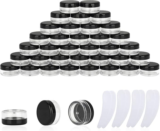 100PCS 3 Gram Sample Containers, 3ml Empty Jars with Lids, Small Cosmetic Containers, Mini Sample Jars with 8PCS Mini Spatulas for Make Up, Oils, Lotion, Powder, Paint, Jewelry, Lip Balms(Black Lid)