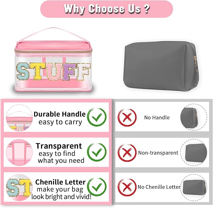 Chenille Letter Clear Makeup Bags Stuff Pouch, Preppy Patch Makeup Bag Zipper with Handle, Transparent PVC & Nylon Waterproof Glitter Cosmetic Handbag Travel Toiletry Storage for Women (STUFF-Pink)