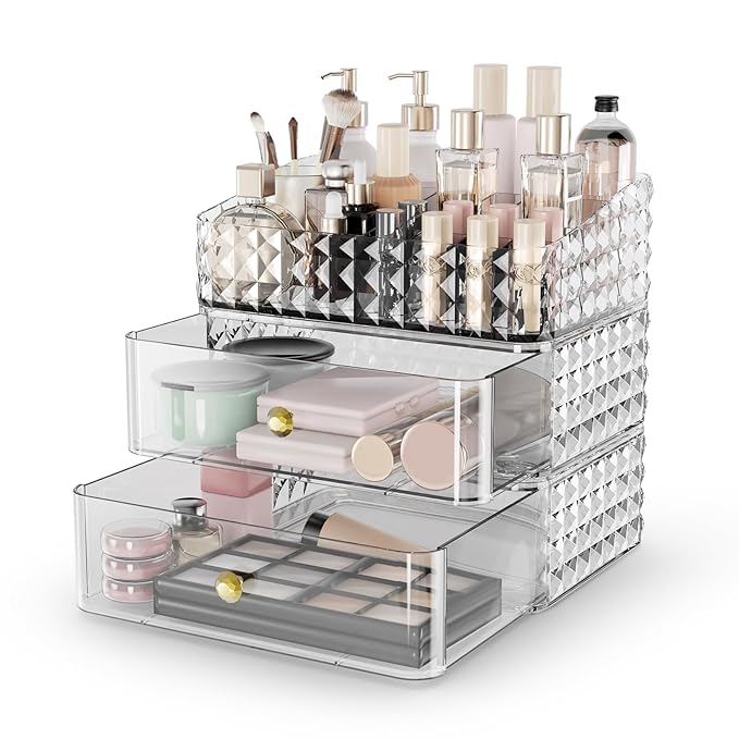 Makeup Organizer for Vanity, Stackable Cosmetics Organizer and Storage, Cosmetic Display Cases with 2 Drawers and 1 Tray for Makeup Brush, Hair Accessories, Lipstick and Jewelry, Clear