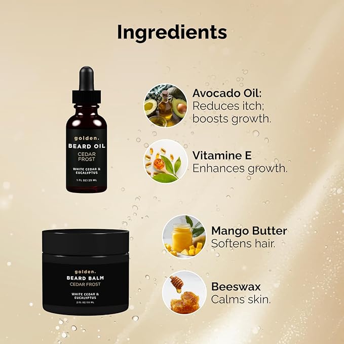 Golden Grooming Beard Oil & Balm Bundle for Men | Natural Growth Kit with Shea Butter | 2oz Balm & 1oz Oil | Spicy Grove