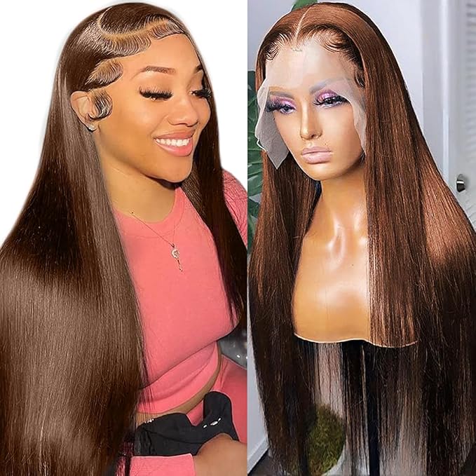 28 Inch Chocolate Brown Lace Front Wig Human Hair 200% Density 13x6 Hd Transparent Straight Lace Front Brown Wigs Human Hair Pre Plucked Frontal Lace Wig 4# Glueless Wigs for Women