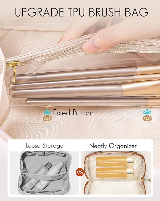 Vlando Travel Makeup Bag,Teacher Appreciation Gifts,Brown Leather Make up Bagr for Women,Makeup Brushes Bag with Divider and Handle,Gifts for Mom Women Traveler