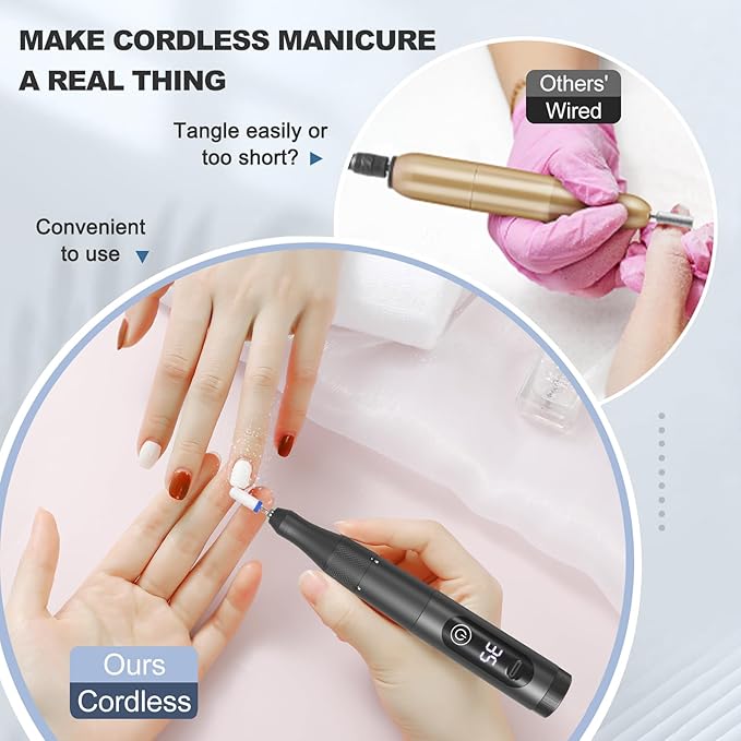 Professional Nail Drill Cordless, 35000RPM Touchscreen Portable Efile Nail Drill Kit with LCD Display for Manicure Pedicure Polishing, Foot Nail Grinder Electric Nail File Set for Home, Salon, Travel