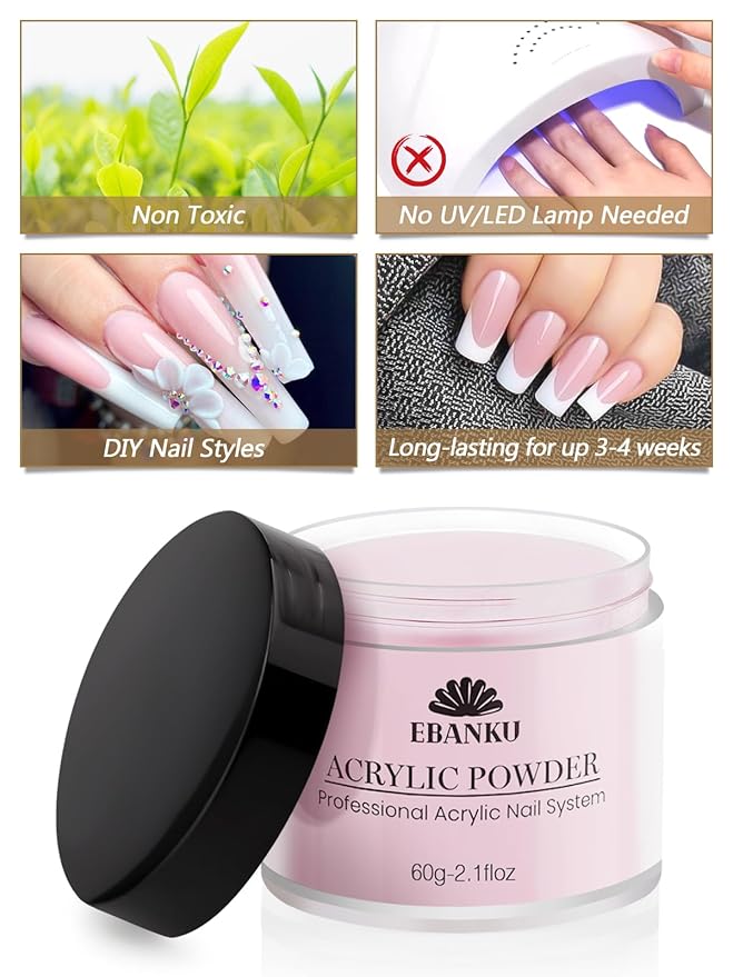 EBANKU Acrylic Nail Powder Set, 2 Colors Pink & White, Professional Powder for Nail Extension, Carving, Long-Lasting, No Lamp Needed, 2.1 oz