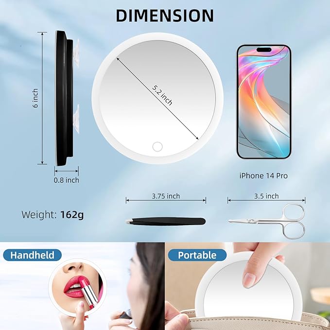 20x Lighted Magnifying Mirror with Suction Cups, Large 6'' Magnified Mirror with Light High Magnification Travel Makeup Mirror, Rechargeable Battery, 3 Colors Dimming Light, with Tweezers &Scissors