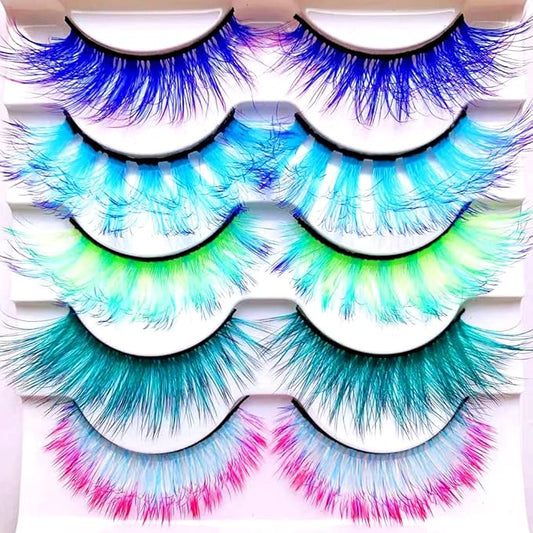 Sunniess Ombre Colored Lashes Silk Protein Fluffy Wispy Volume Fake Lashes for Halloweens Cosplay Party Stage Russian D Curl Lashes with Color Make up Faux Mink False Eyelashes 5 Pairs