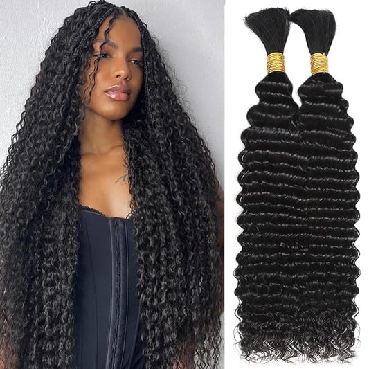 Human Braiding Hair Deep Water Wave Bulk Human Hair for Braiding 110g 28 Inch Curly Human Hair Extensions for Boho Braids No Weft 12A Wet and Wavy Human Hair 2 Bundles/Pack Natural Color